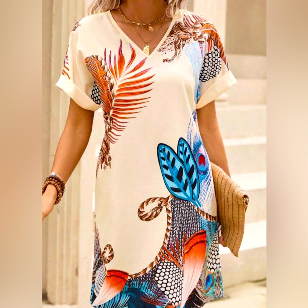 Tropical Print Batwing Sleeve Tunic Dress